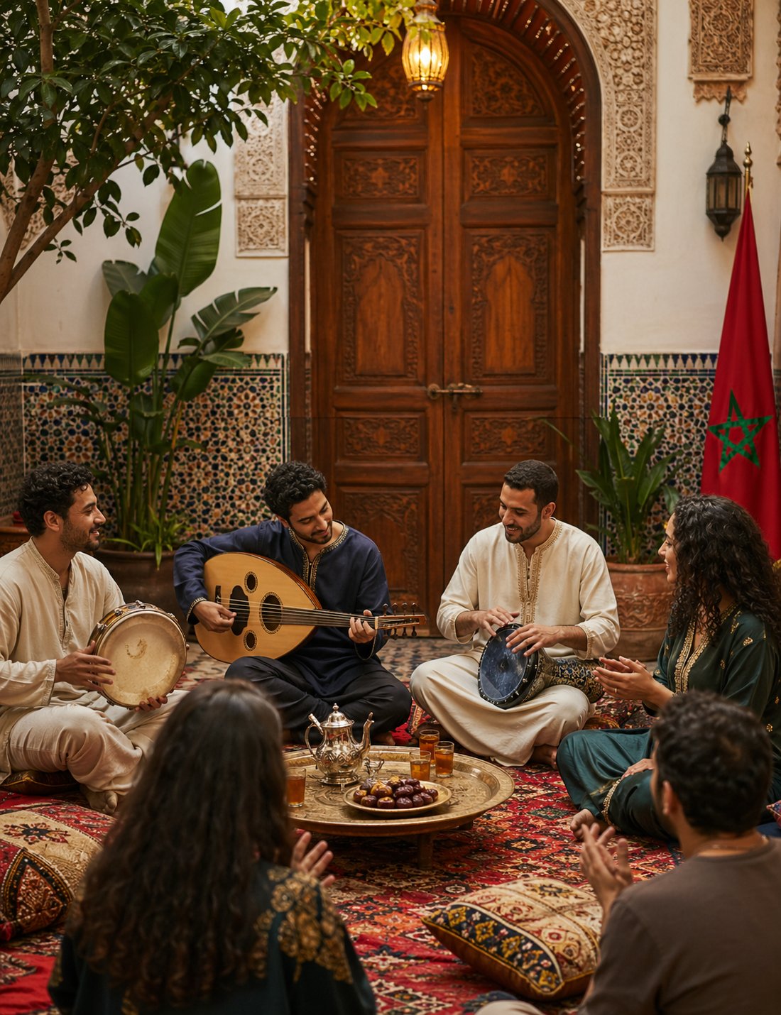 Musiciens marocains dans un riad — ambiance culturelle Racines et Ailes