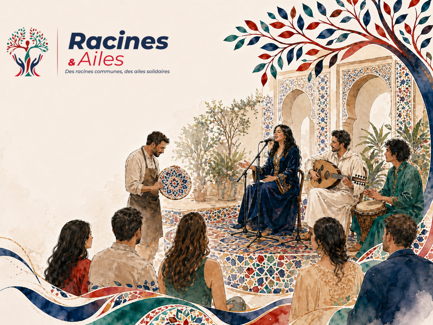 Illustration aquarelle d'une scène musicale marocaine — Racines et Ailes