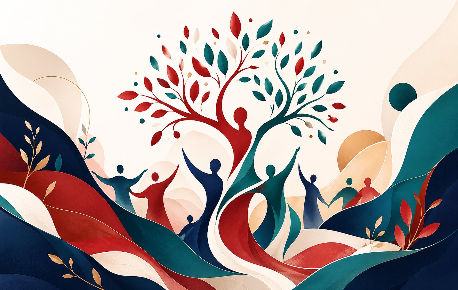 Illustration — dynamique culturelle, arbre de vie et silhouettes